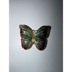 VINTAGE SIGNED SFJ ENAMELED BUTTERFLY PIN BROOCH WITH GREEN RHINESTONES